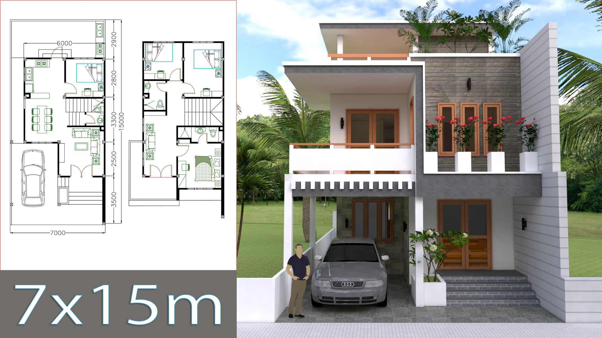 Home Design Plan 7x15m with 4 Bedrooms