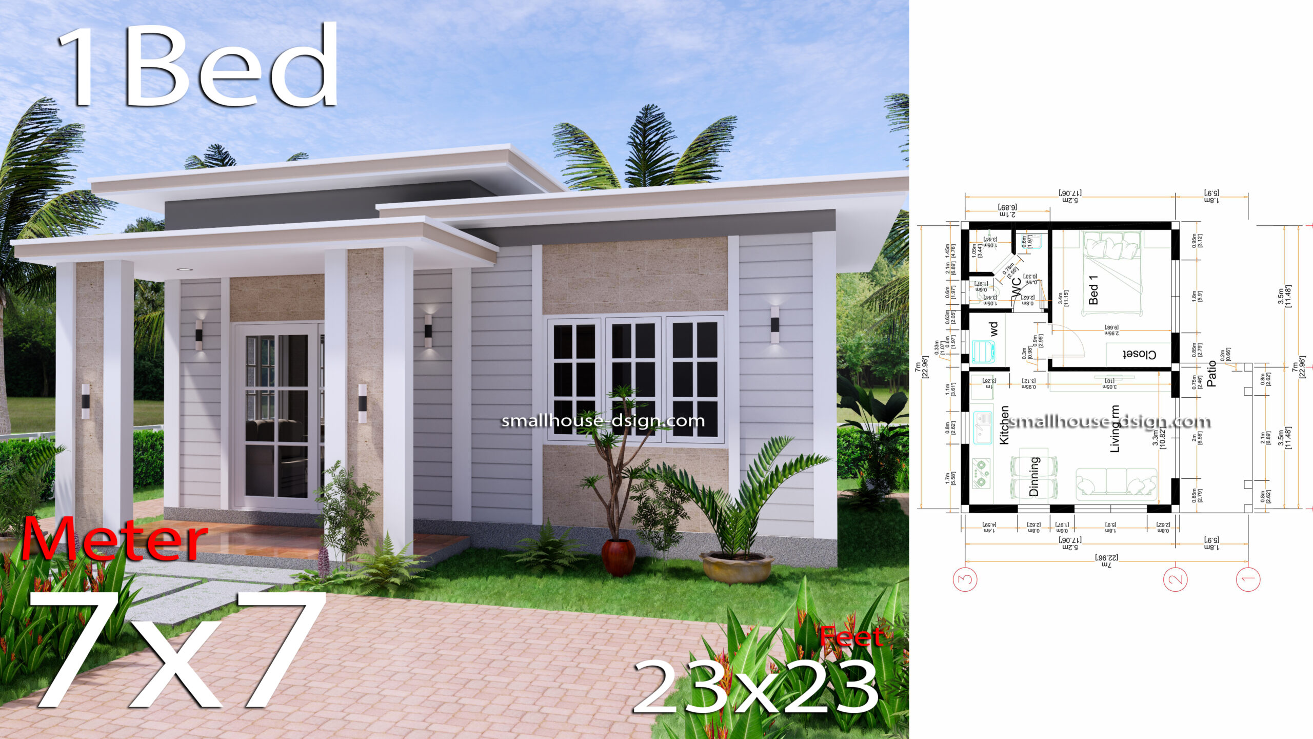 Small House Plan 7x7 With 1 Bedroom Flat Roof Small House Design