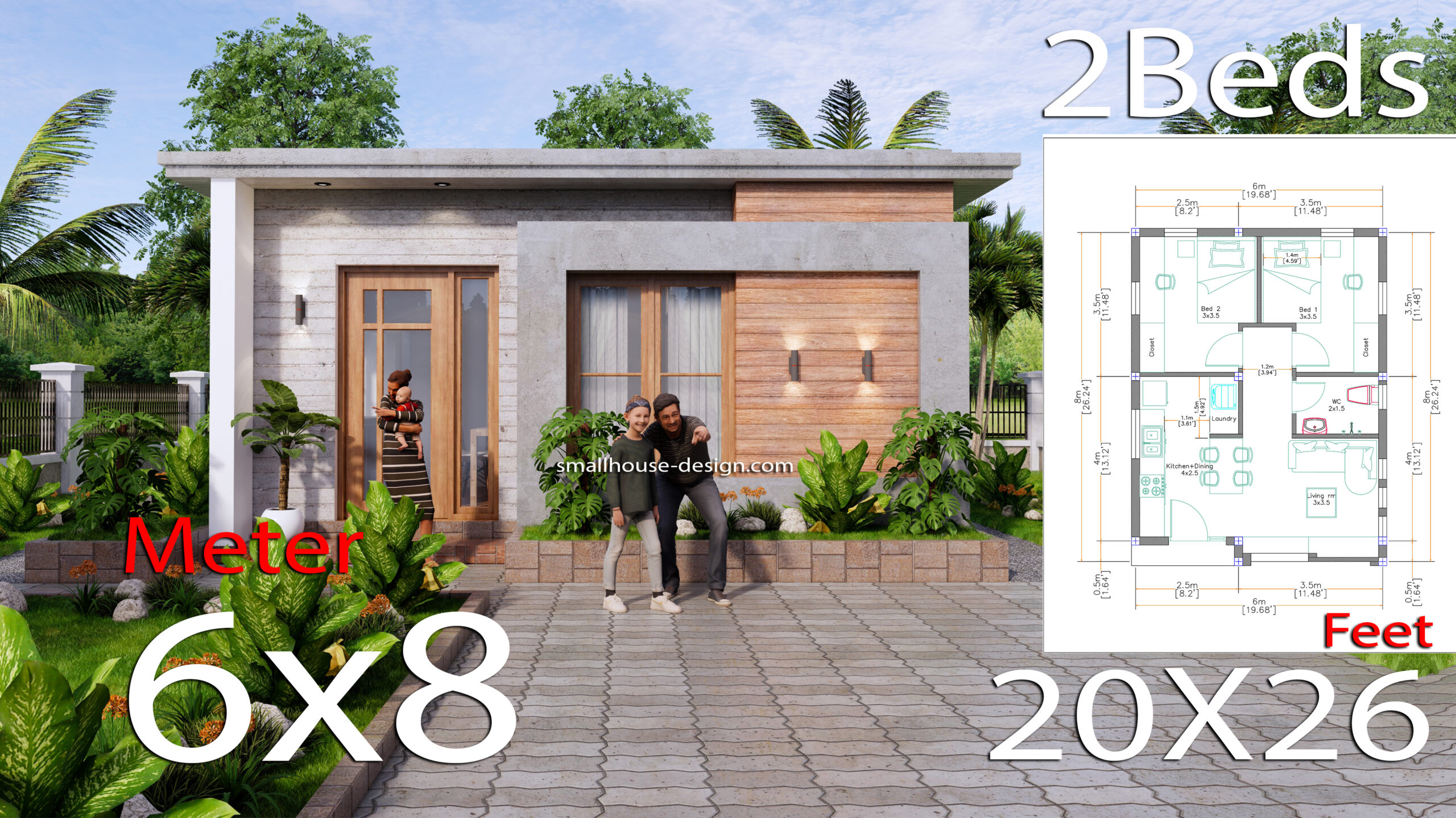 6x8 Small House Design with 2 Beds 48 sqm 3d